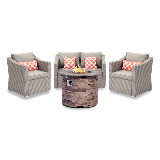 Palmyra 4 Piece Wicker Patio Conversation Sofa with Round Fire Pit