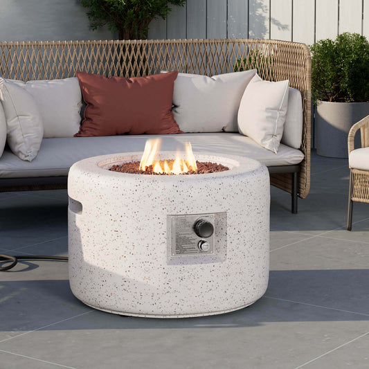 Rocky faux stone round patio fire pit