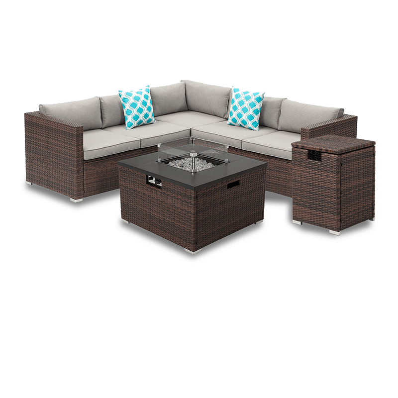 Baker 5 Piece L Shaped Outdoor Sectional with Square Fire Pit