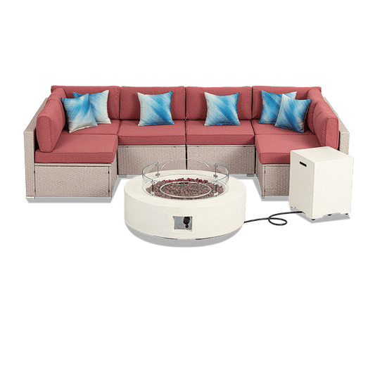 Maui 8 Piece U Shaped Outdoor Sofa with Round Fire Pit